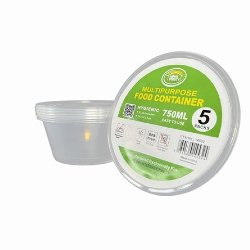 5pk Plastic Food Container 750ml 15x15x7cm