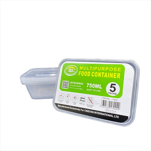 5pk Plastic Food Container 750ml17x12x4.9cm