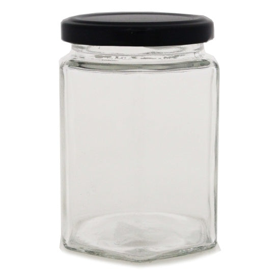 Hex Glass Jar 380ml W Black RSB Button Lid 70mm
