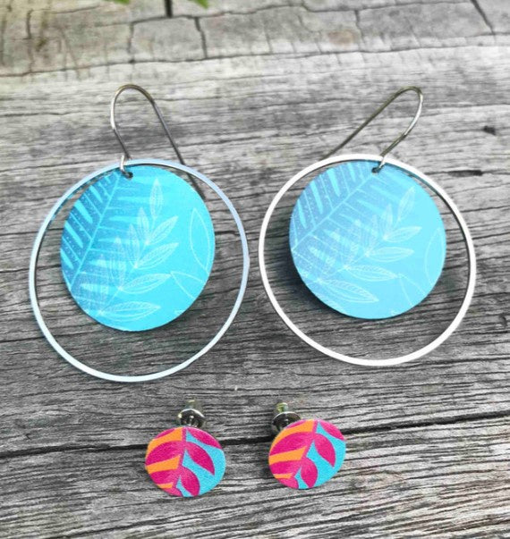 Fern Hoop Earring Set, S/Steel Studs, Tribal Earth
